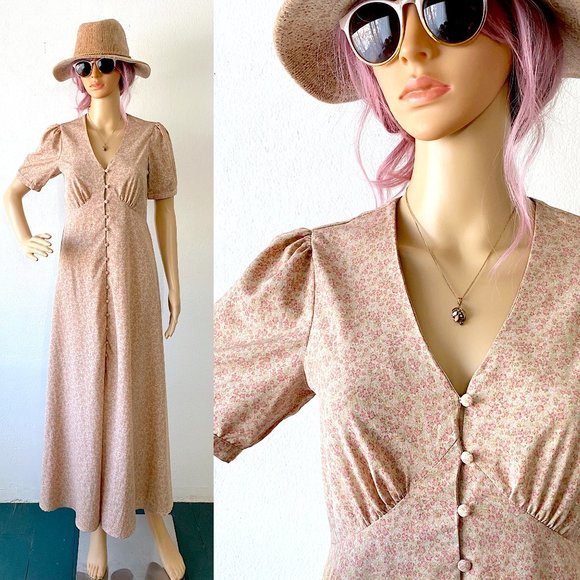 High Waist Maxi Dress Empire Waist Dress Floral Dress Cottagecore Tea Dress Sz 4 - Picture 1 of 10